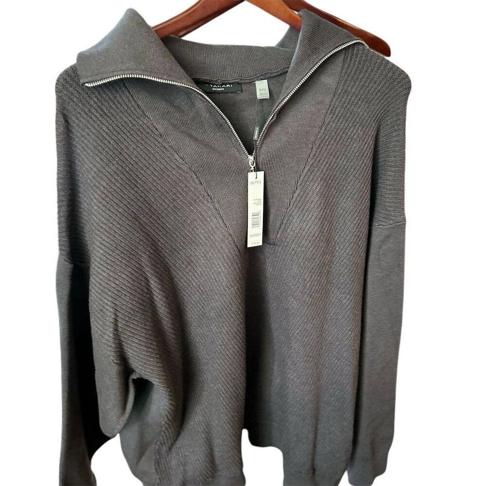 Tahari Women's Gray‎ Half-Zip Ribbed Sweater Size M Casual Chic